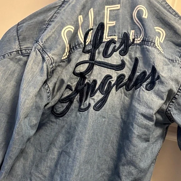 Guess Blue Denim Hooded Shirt Sz S - Picture 4 of 13